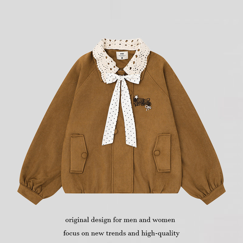 Women's Short Bomber Jacket with Crochet Collar and Ribbon Mune Fashion