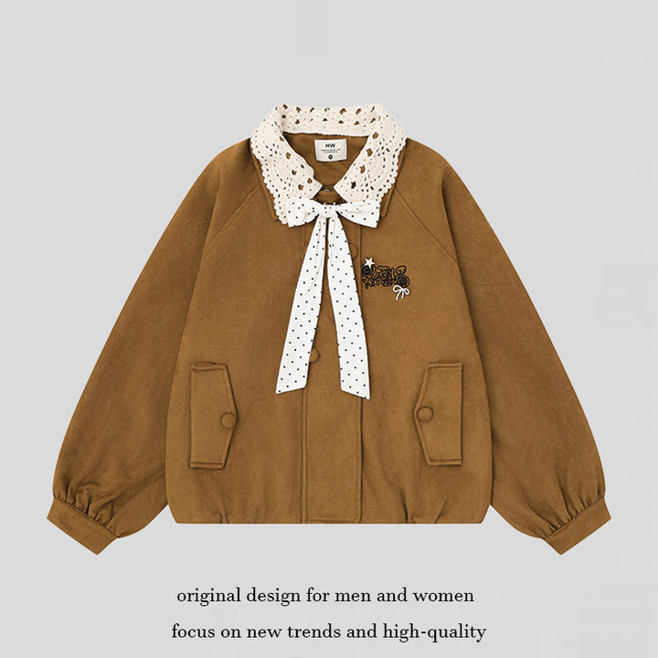 Women's Short Bomber Jacket with Crochet Collar and Ribbon Mune Fashion
