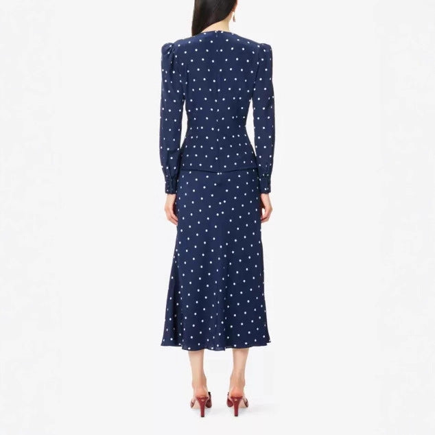 Women's midi dress with polka dot print, deep V-neck, wrap ruching, and long sleeves Drune