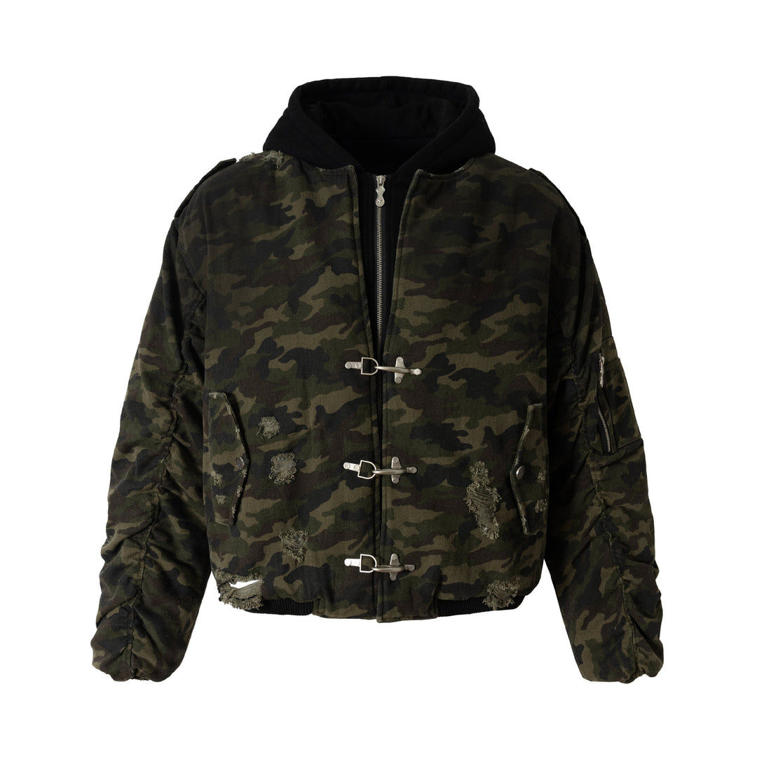 Men's Camouflage Utility Bomber Jacket with Hood, Distressed Details and Hook Closure Mune Fashion