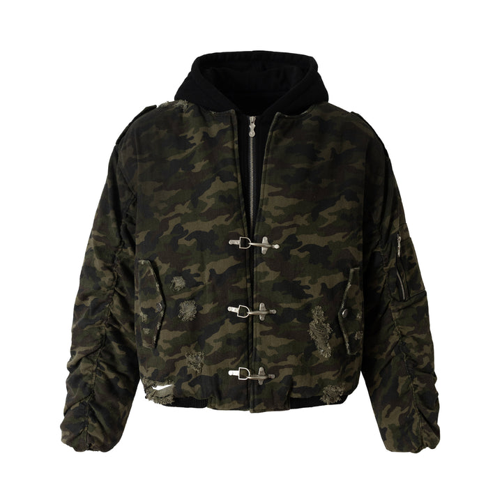 Men's Camouflage Utility Bomber Jacket with Hood, Distressed Details and Hook Closure Mune Fashion