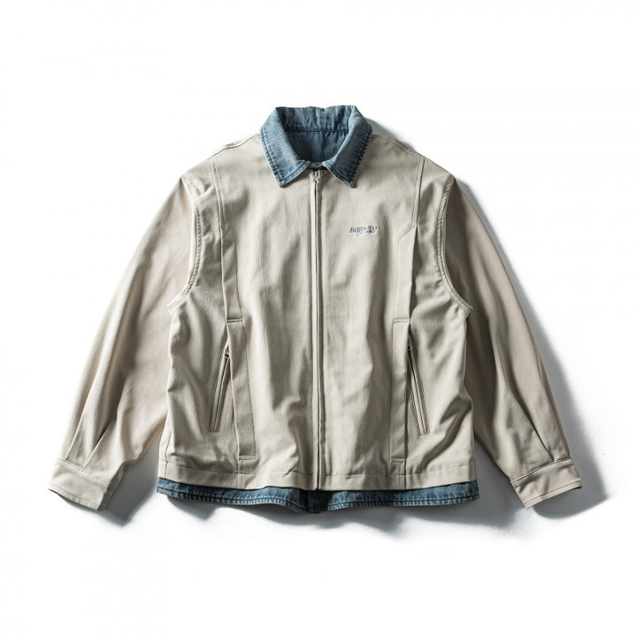 Men's short cut layered look blouson jacket with denim collar Mune Fashion