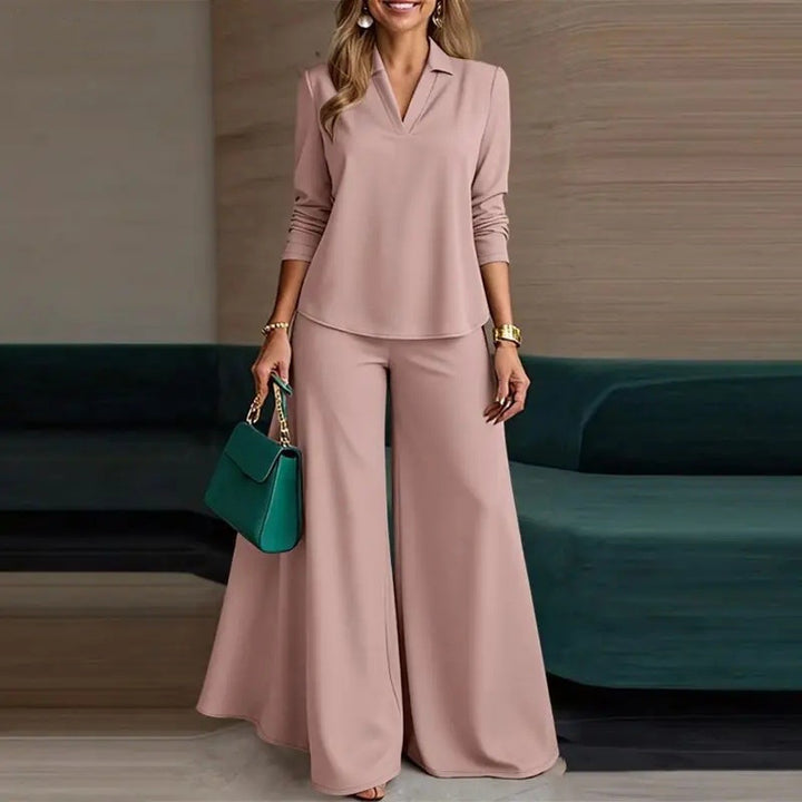 Ladies Elegant Two-Piece Palazzo Set with Shirt Collar Top and Wide Leg Mune Fashion