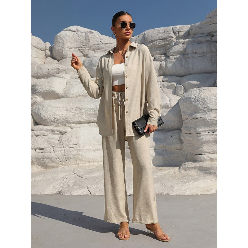 Women's Two-Piece Linen Look Loungewear Set with Oversized Shirt and Wide Comfort Palazzo Mune Fashion