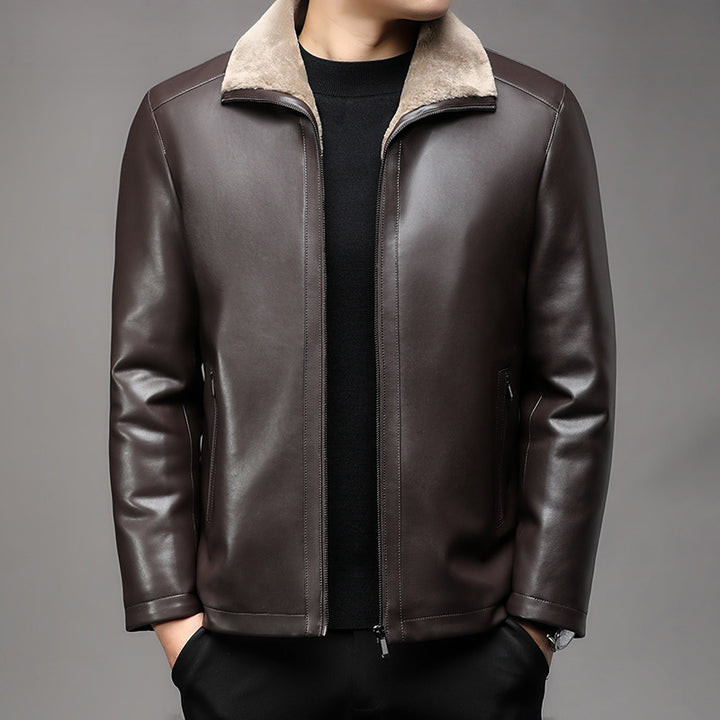 Men's Smooth Leather Blouson with Teddy Collar and Warm Faux Fur Lining Mune Fashion