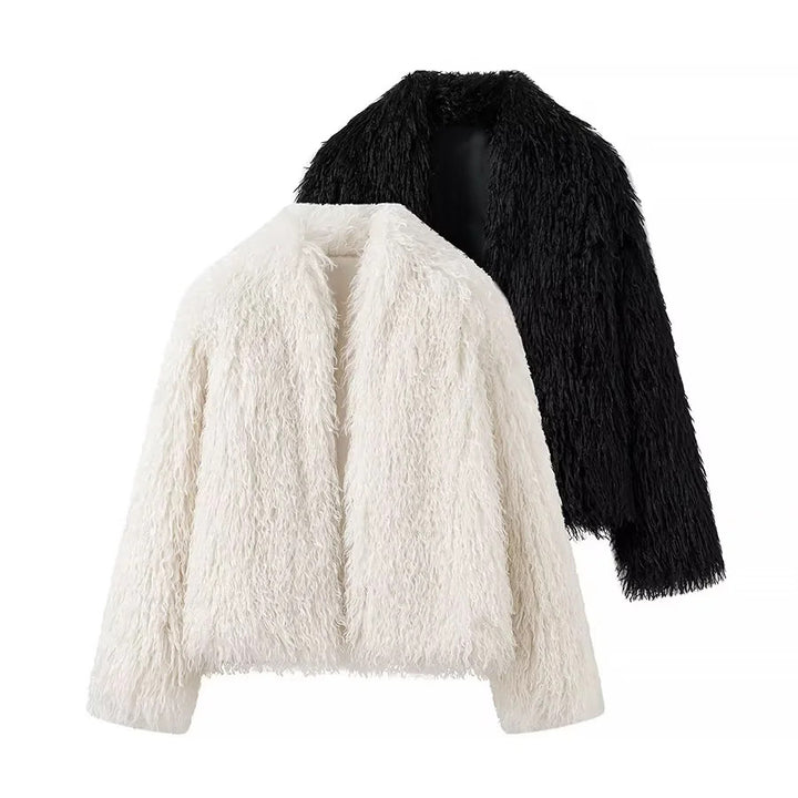 Women's short faux fur jacket with open cut and voluminous long hair look Mune Fashion