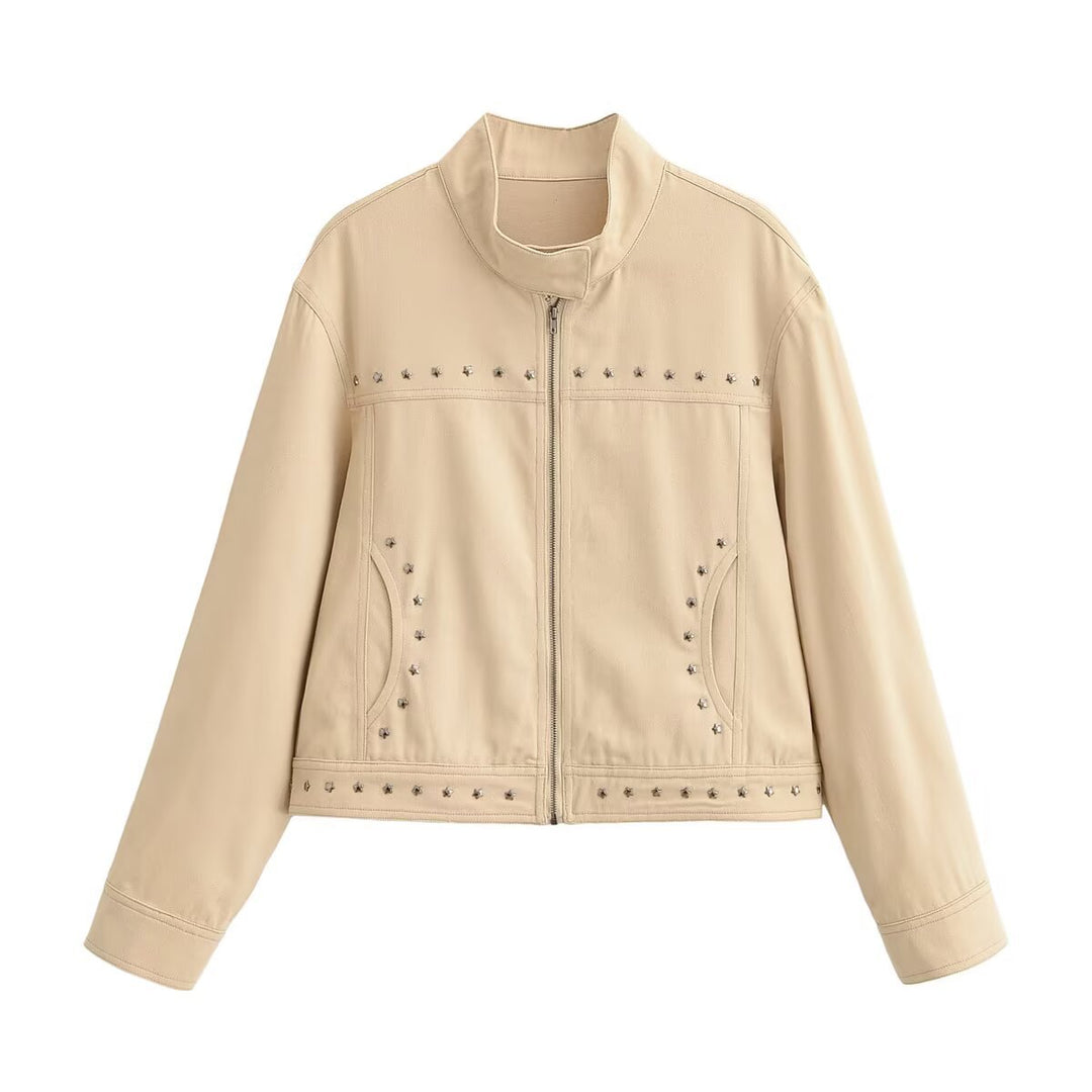 Women’s short-cut vegan leather jacket with stand-up collar, full-length zipper and star stud detail Mune Fashion
