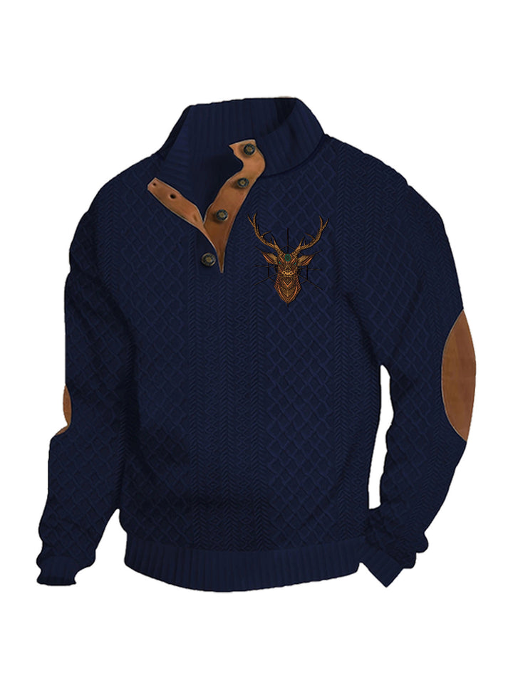 Men's nan Heritage textured pullover with stand-up collar faux leather trim elbow patches and half-button placket Mune Fashion