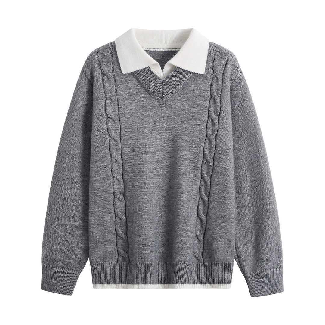 Women's Oversize Pullover with V-Neck, Contrasting Polo Collar & Cable Knit Details Mune Fashion