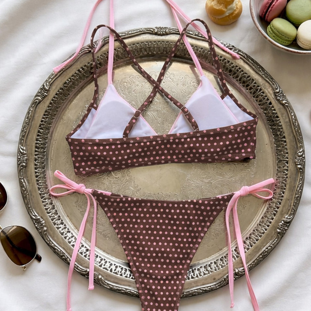Women’s triangle bikini with playful polka dot pattern and adjustable tie straps Mune Fashion