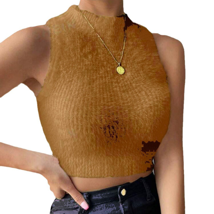 Women's short cut sleeveless ribbed knit crop top with stand-up collar Mune Fashion