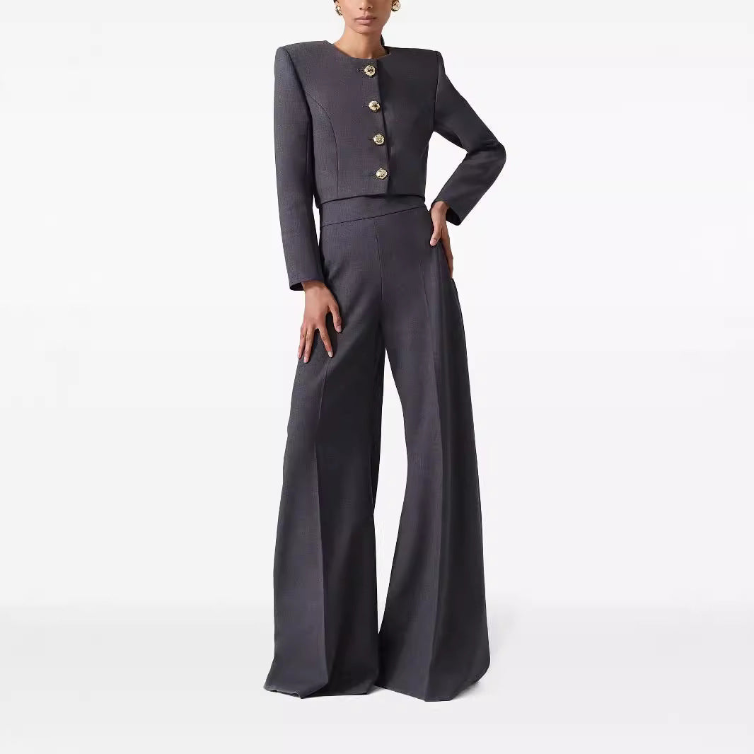Women's Two-Piece Tailoring Suit Short Blazer with Distinctive Shoulder and High-Waisted Palazzo Pants Mune Fashion