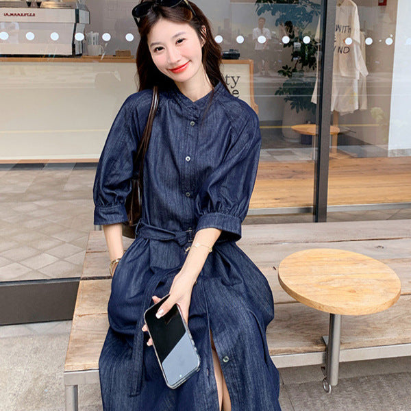 Ladies jeans midi dress with continuous button placket, waist belt and 3/4 sleeves Mune Fashion