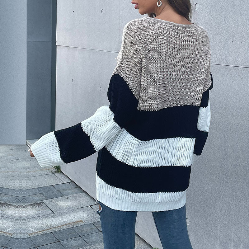Women's Oversized Block Stripe Sweater from Chunky Knit with Wide Cut Mune Fashion
