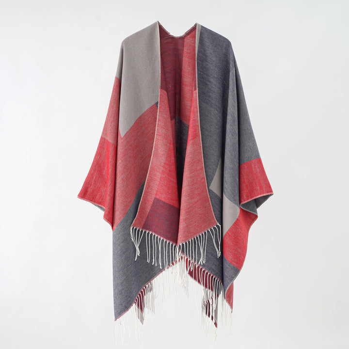 Women's Large Wool Look Poncho with Geometric Block Pattern and Fringe Hem Mune Fashion