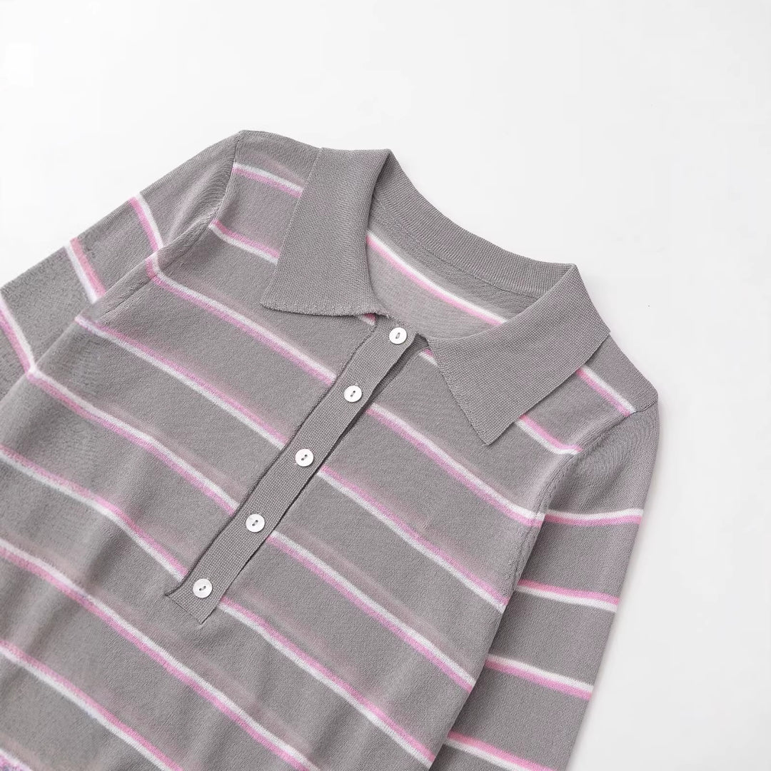 Women Striped Fine Knit Polo with Button Placket and Ribbed Cuffs Mune Fashion