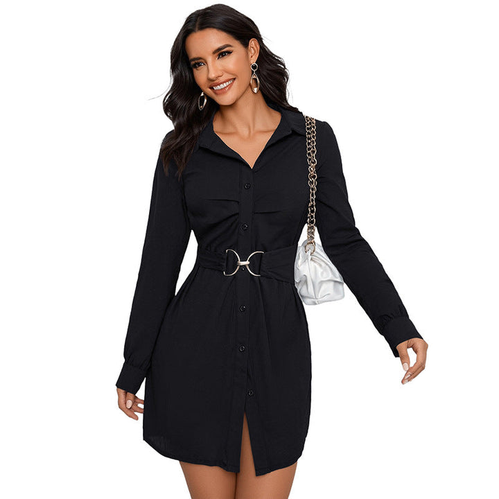 Ladies shirt blouse mini dress with waist belt and decorative metal ring Mune Fashion
