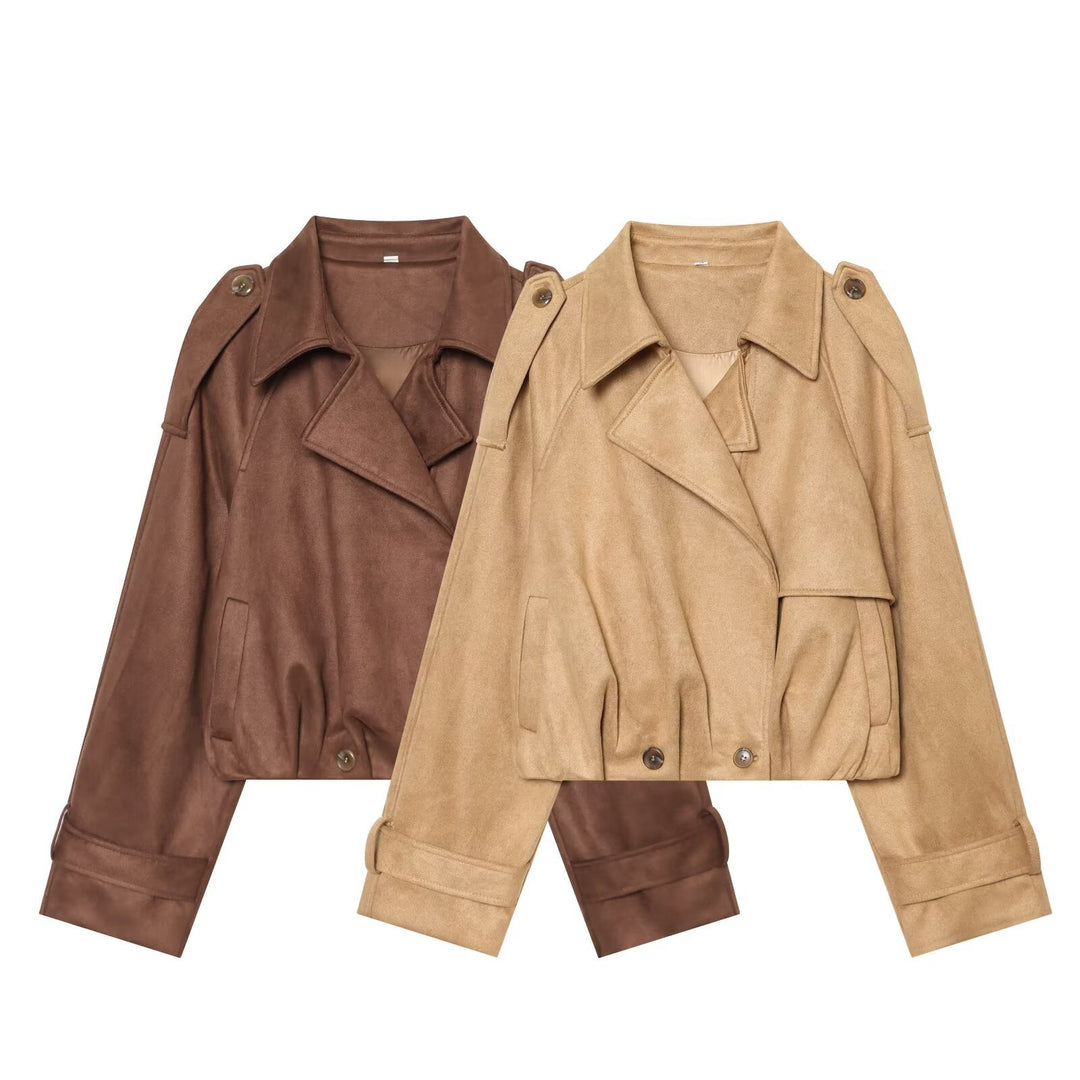 Women Short Cut Trench Jacket in Suede Look with Epaulettes and Buckle Cuffs Mune Fashion