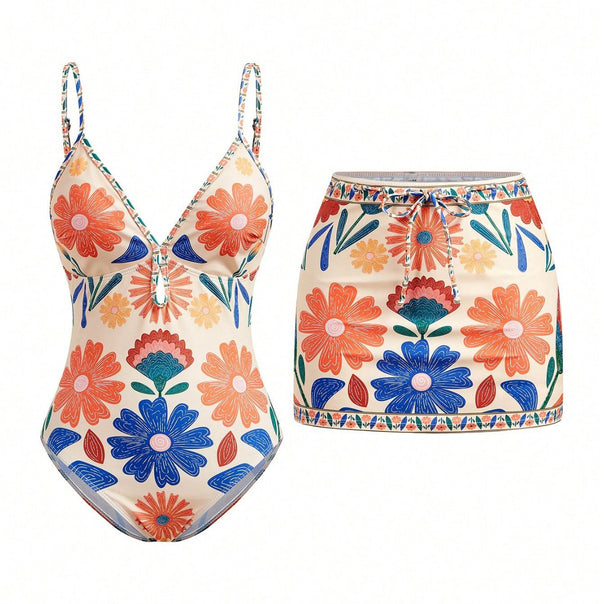 Ladies bikini set with floral design and matching skirt Mune Fashion
