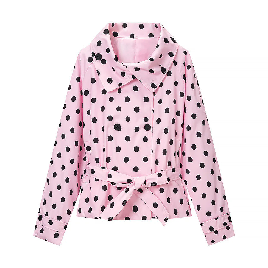 Ladies short dotted rain jacket with waist belt and double-breasted button placket Mune Fashion