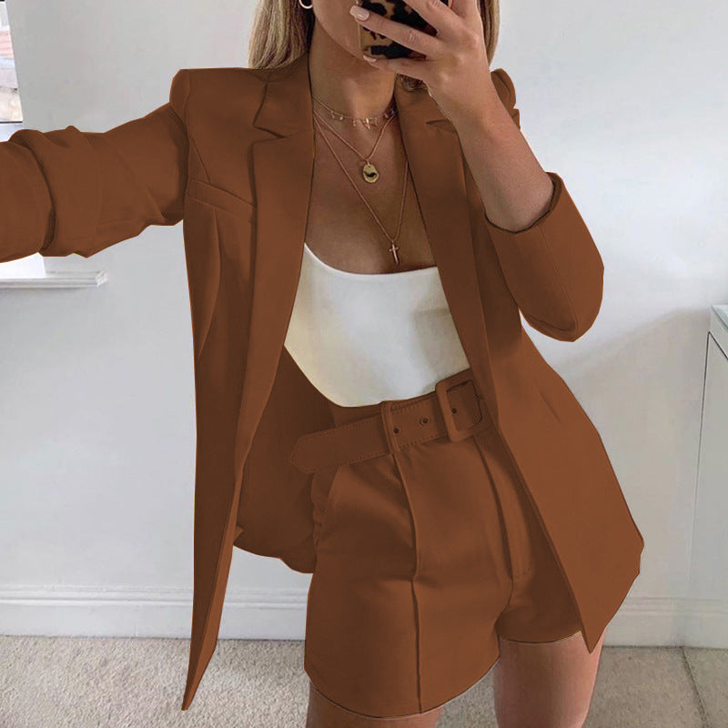 Women's Tailored Longline Blazer with High-Waisted Belt Shorts Set Mune Fashion