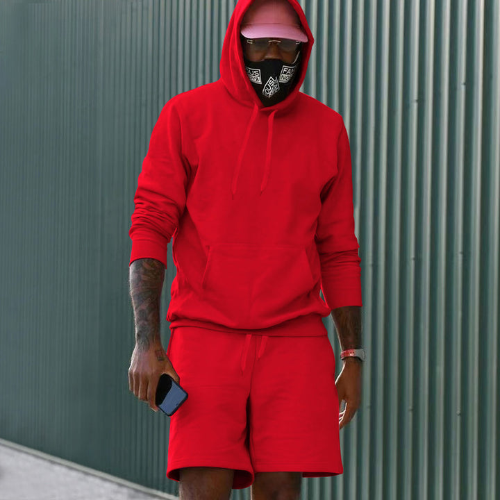 Men's two-piece leisure set hoodie and sweat shorts made of French Terry with kangaroo pocket and drawstring Mune Fashion