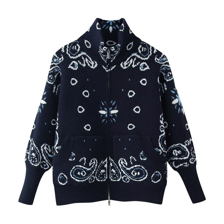 Women's chunky knit zip cardigan with stand-up collar and paisley jacquard Mune Fashion