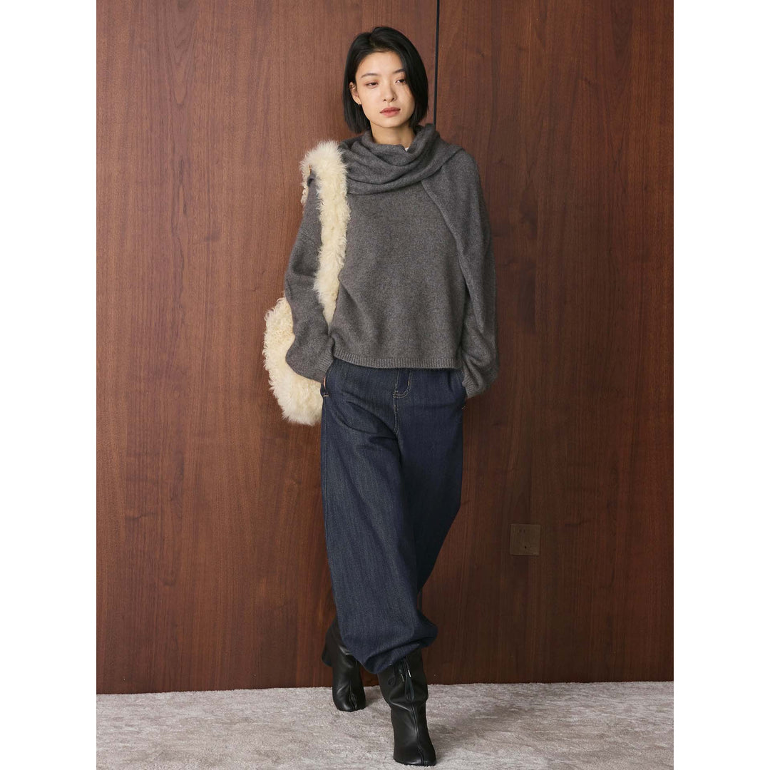 Women's Oversize Fine Knit Sweater with Voluminous Funnel Neck and Loose Silhouette Mune Fashion