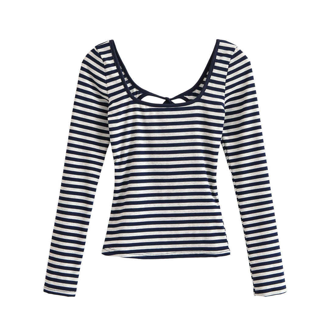 Women's striped long-sleeve shirt with deep round neckline and decorative bow tie