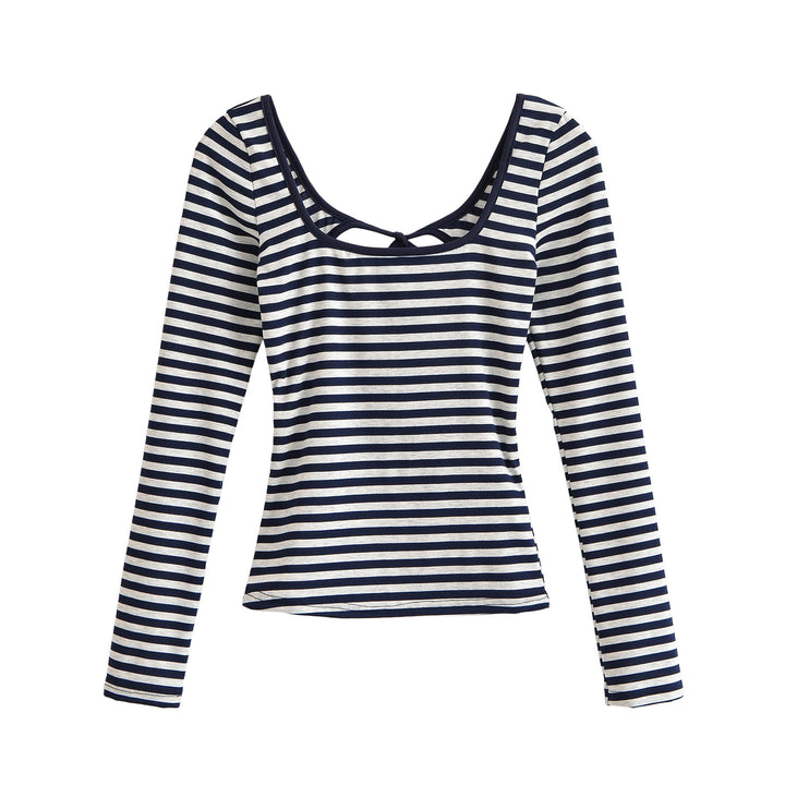 Women's striped long-sleeve shirt with deep round neckline and decorative bow tie