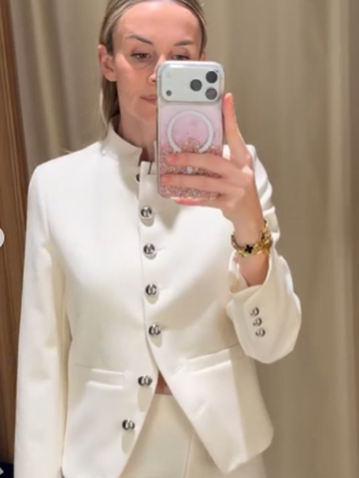 Women Tailored Blazer with Stand Collar and Silver Decorative Buttons Mune Fashion