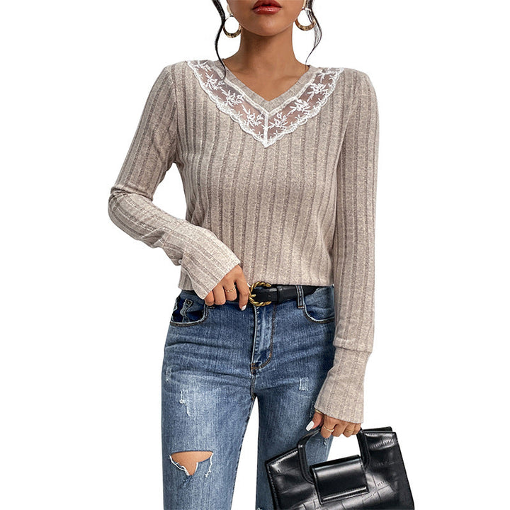 Women's Ribbed Fine Knit Long Sleeve with V-Neck and Lace Yoke Mune Fashion