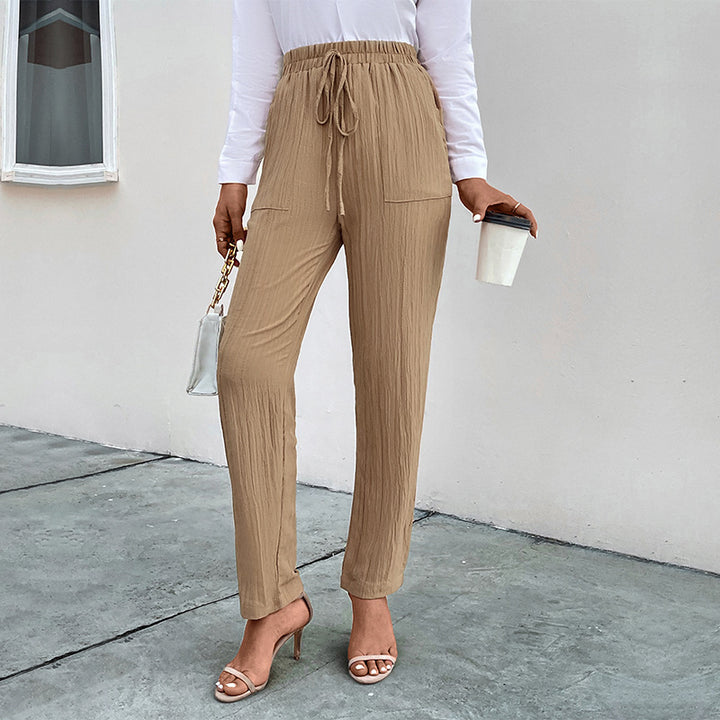 Women's Lightweight Crinkle Pants with High Elastic Waistband, Drawstring and Patch Pockets