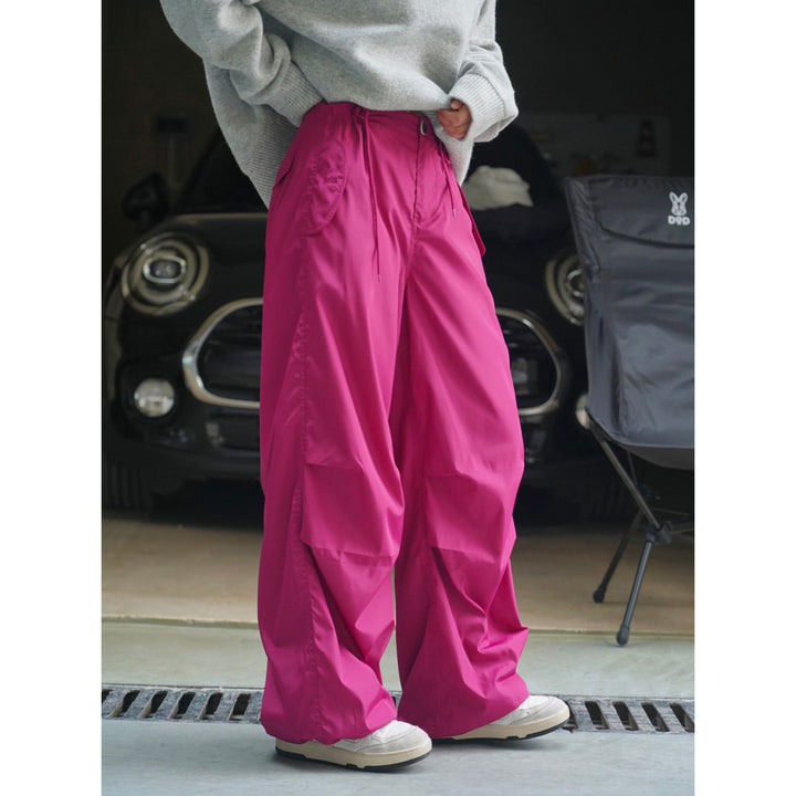 Women's Extra Wide Nylon Cargo Pants with Drawstring Waist and Attached Pockets Mune Fashion