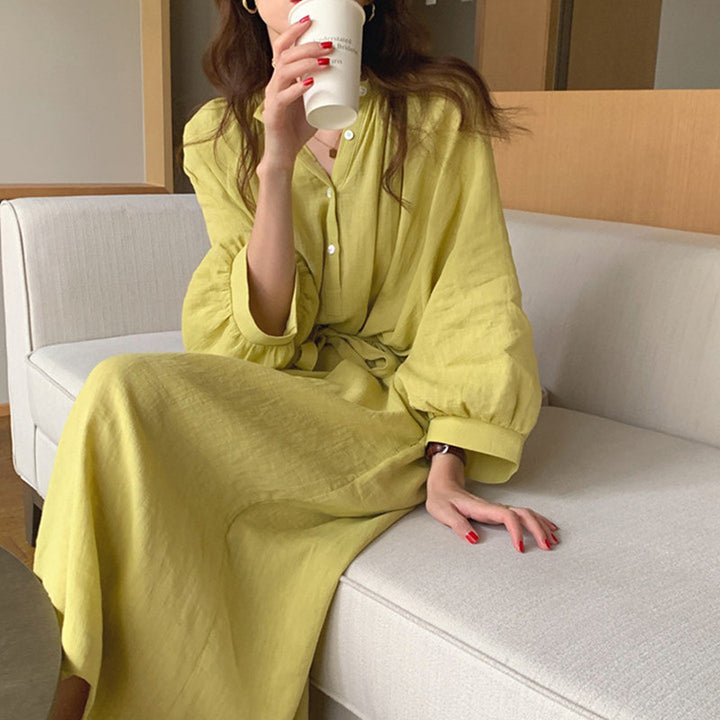 Women Loose Linen Blend Maxi Dress with Stand Collar, Tie Waist and Balloon Sleeves Mune Fashion