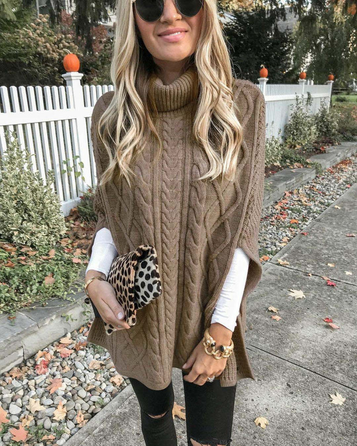 Ladies nan kastiger knit poncho with high turtleneck, cable structure and side slits Mune Fashion