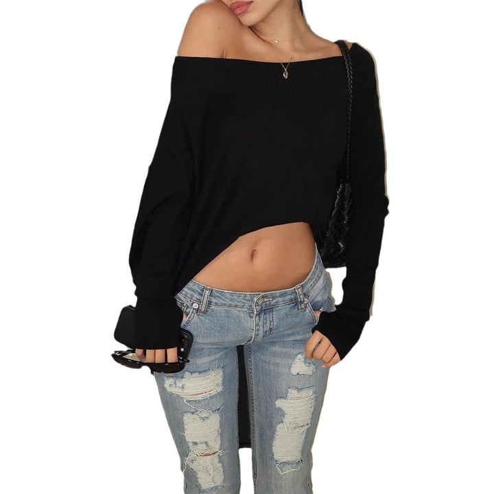Women Off-Shoulder Cropped-Long Sleeve Shirt with Thumb Hole Mune Fashion