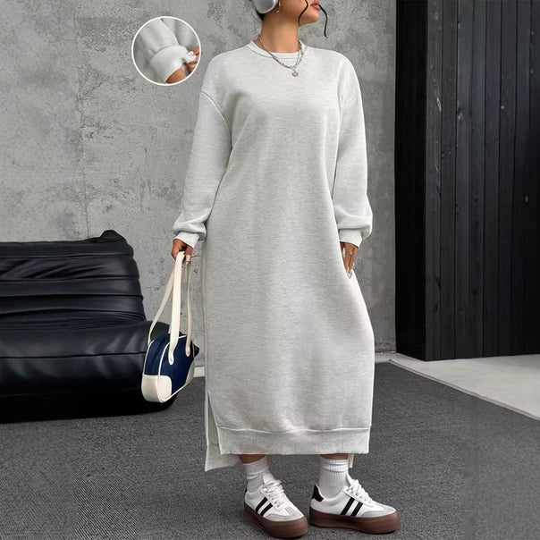 Women's Oversized Sweat Dress Midi Length with Side Slits and Ribbed Cuffs Mune Fashion