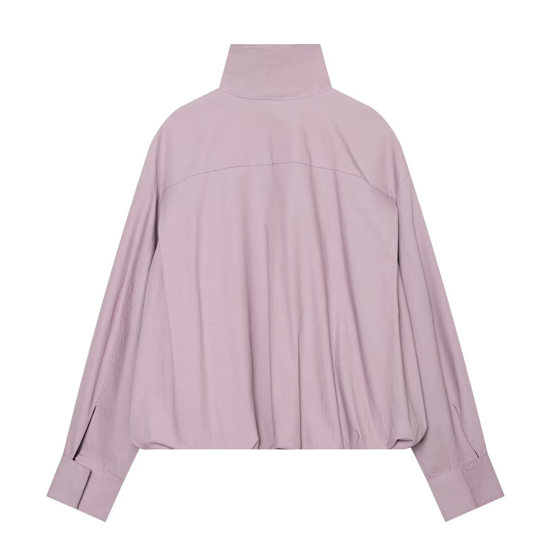 Women Light Cropped Blouson with High Stand Collar and Elastic Hem