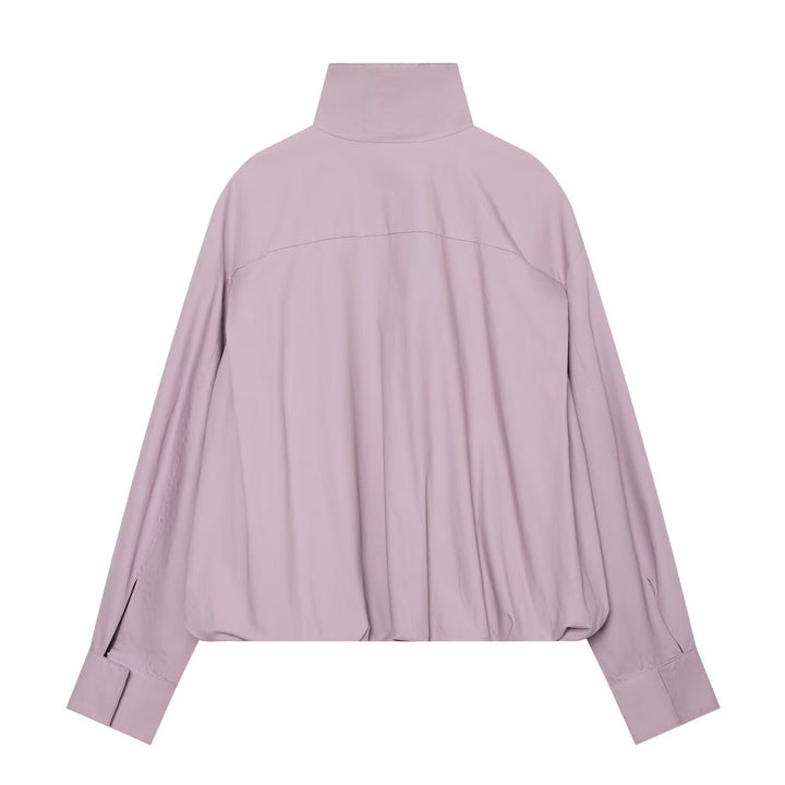 Women Light Cropped Blouson with High Stand Collar and Elastic Hem