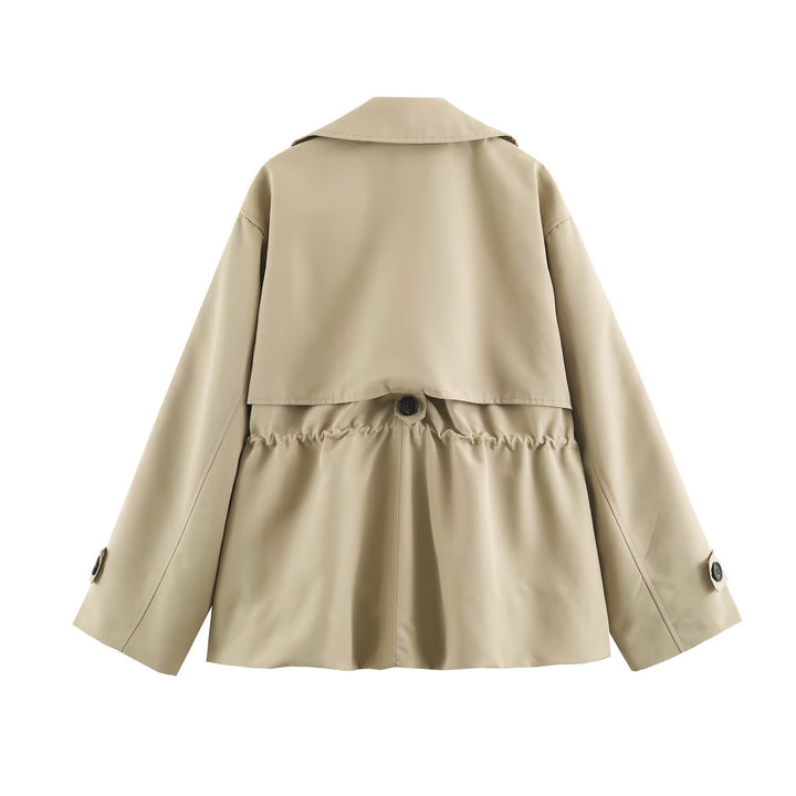 Women Short Oversized Trench Coat with Drawstring Waist and Wide Lapels Mune Fashion