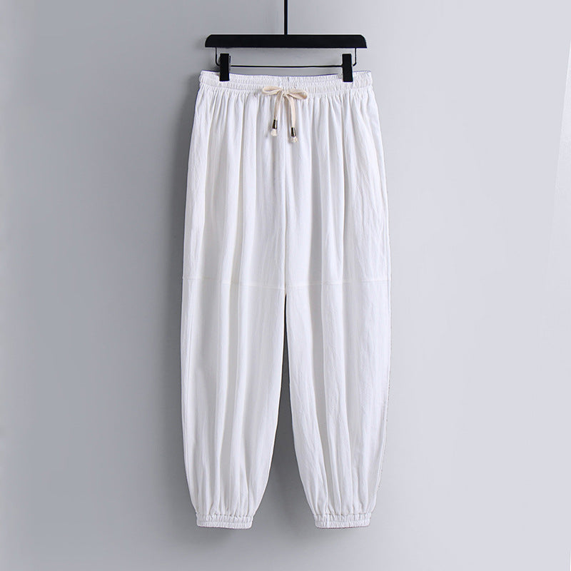 Women's wide cotton-linen casual pants with drawstring and elastic ankle cuffs Mune Fashion