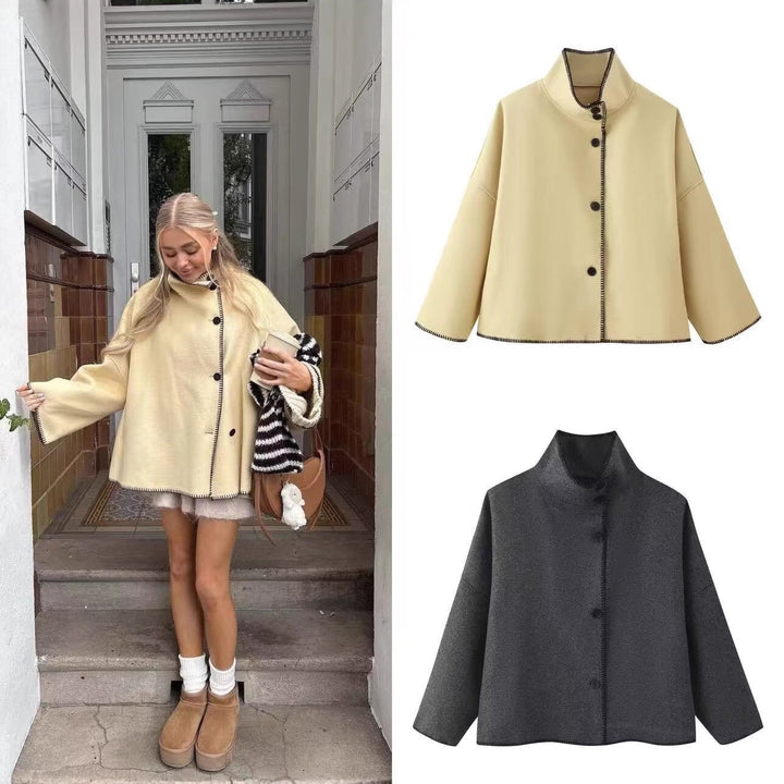 Women's Short Boxy Coat-Cape with Standing Collar and Contrast Decorative Stitch Mune Fashion