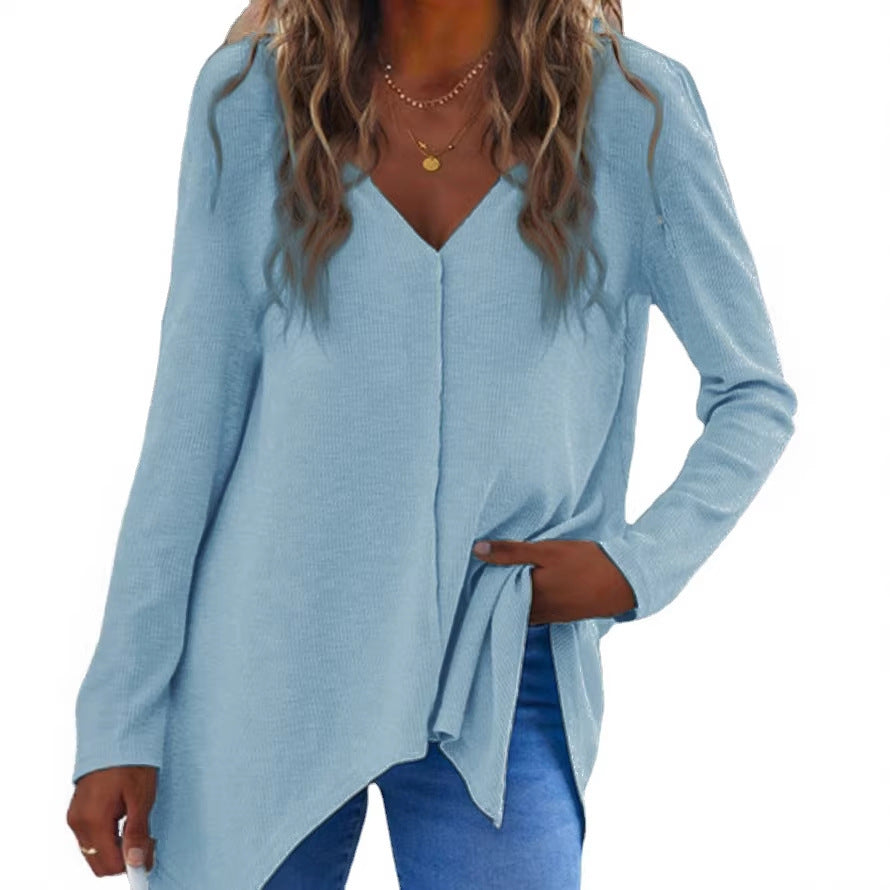 Ladies V neck fine knit tunic with asymmetrical hem and side slit Mune Fashion