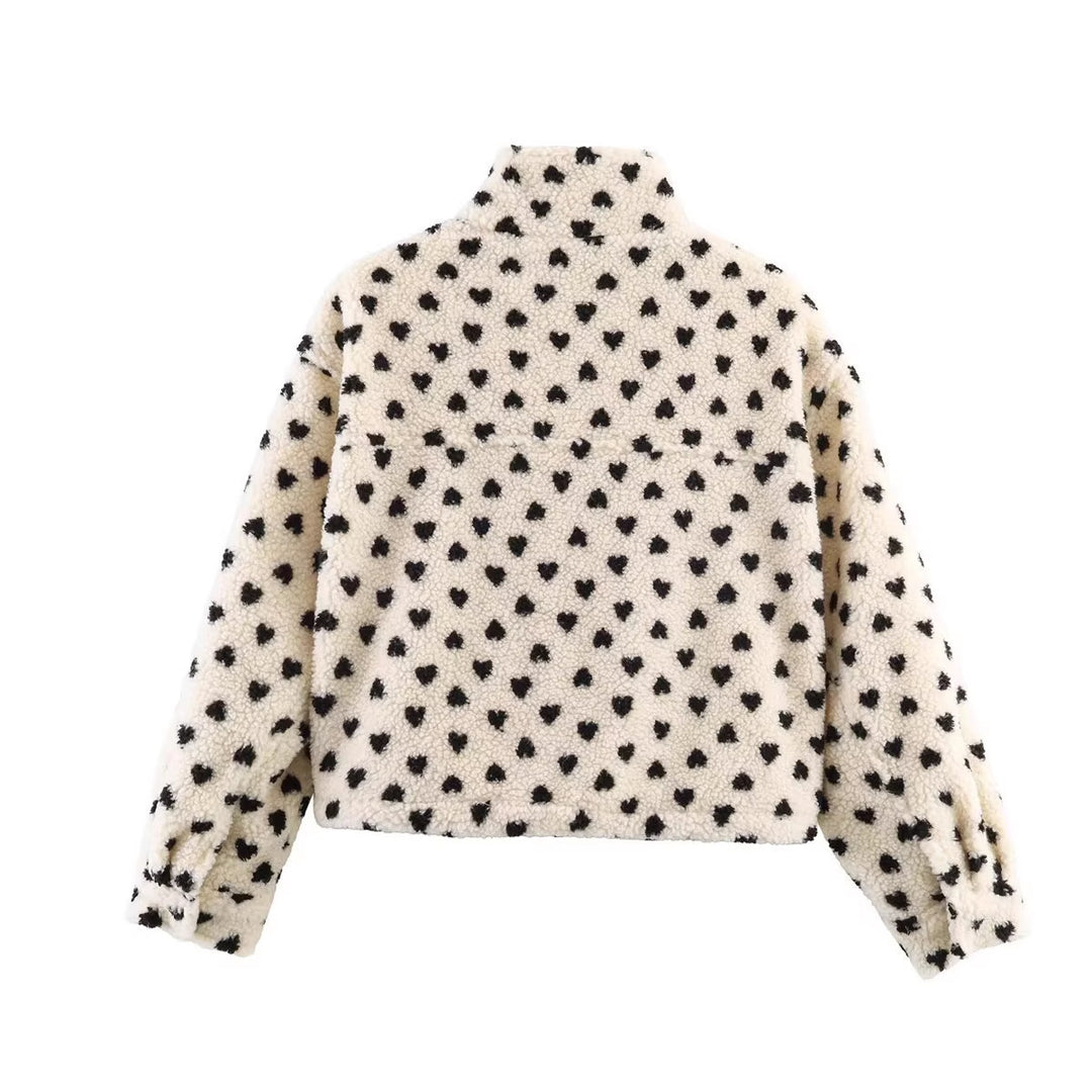 Women's Lined Teddy Jacket with Heart All-Over, Stand Collar and Drawstring Mune Fashion