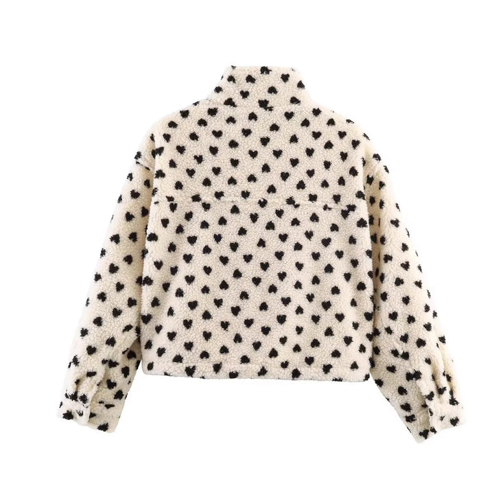 Women's Lined Teddy Jacket with Heart All-Over, Stand Collar and Drawstring Mune Fashion