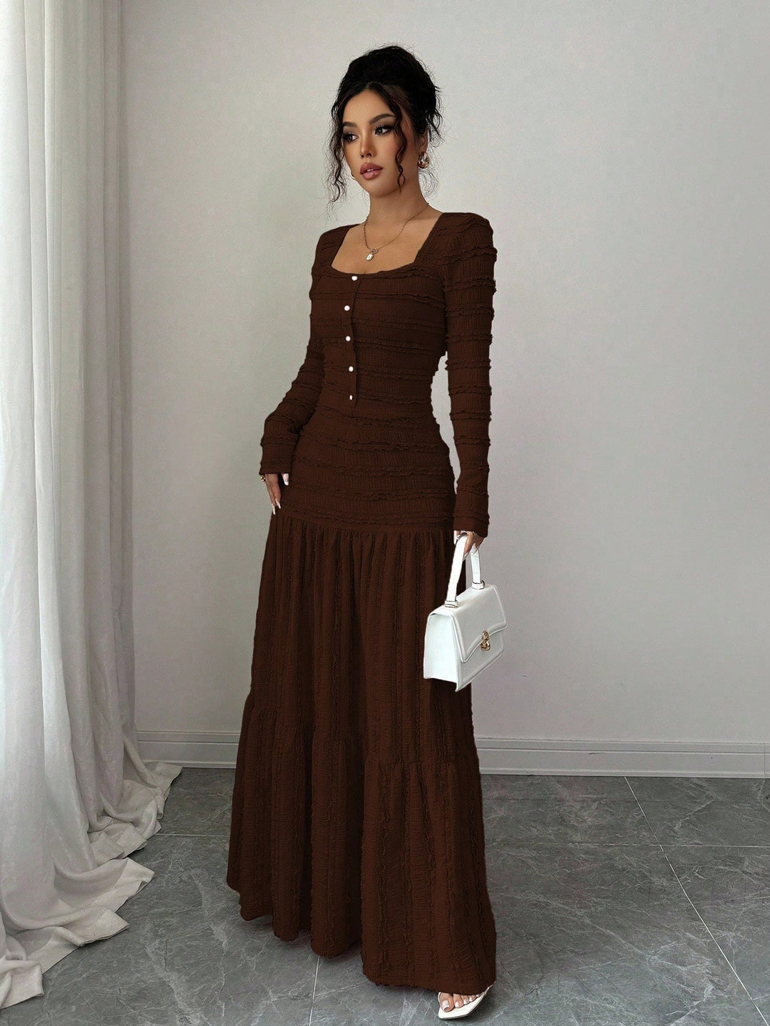 Women's fitted structured maxi dress with square neckline and button placket Mune Fashion