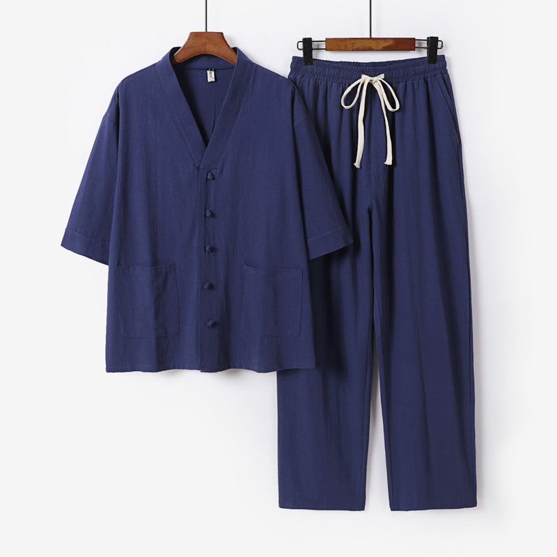 Men's kimono two-piece set made of linen blend with V-neck, patch pockets, and drawstring pants Mune Fashion