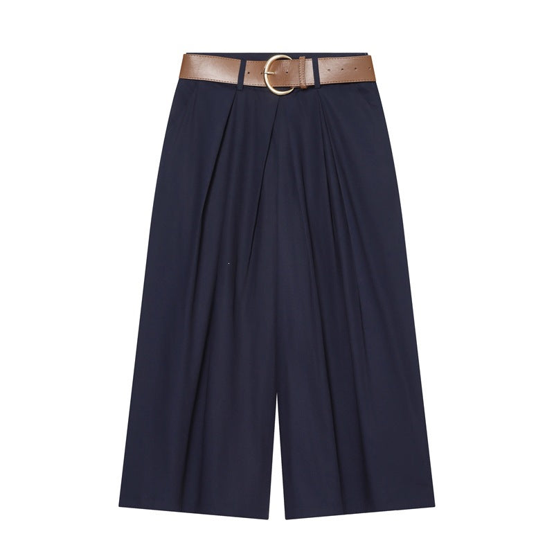 Women's High-Waisted Culotte Pants with Wide Leg, Knife Pleats and Round Buckle Belt Mune Fashion
