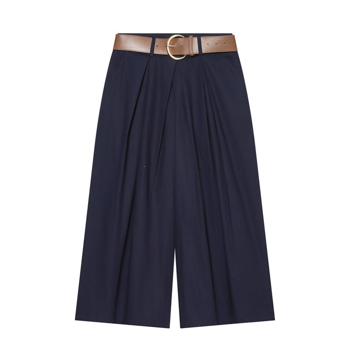 Women's High-Waisted Culotte Pants with Wide Leg, Knife Pleats and Round Buckle Belt Mune Fashion
